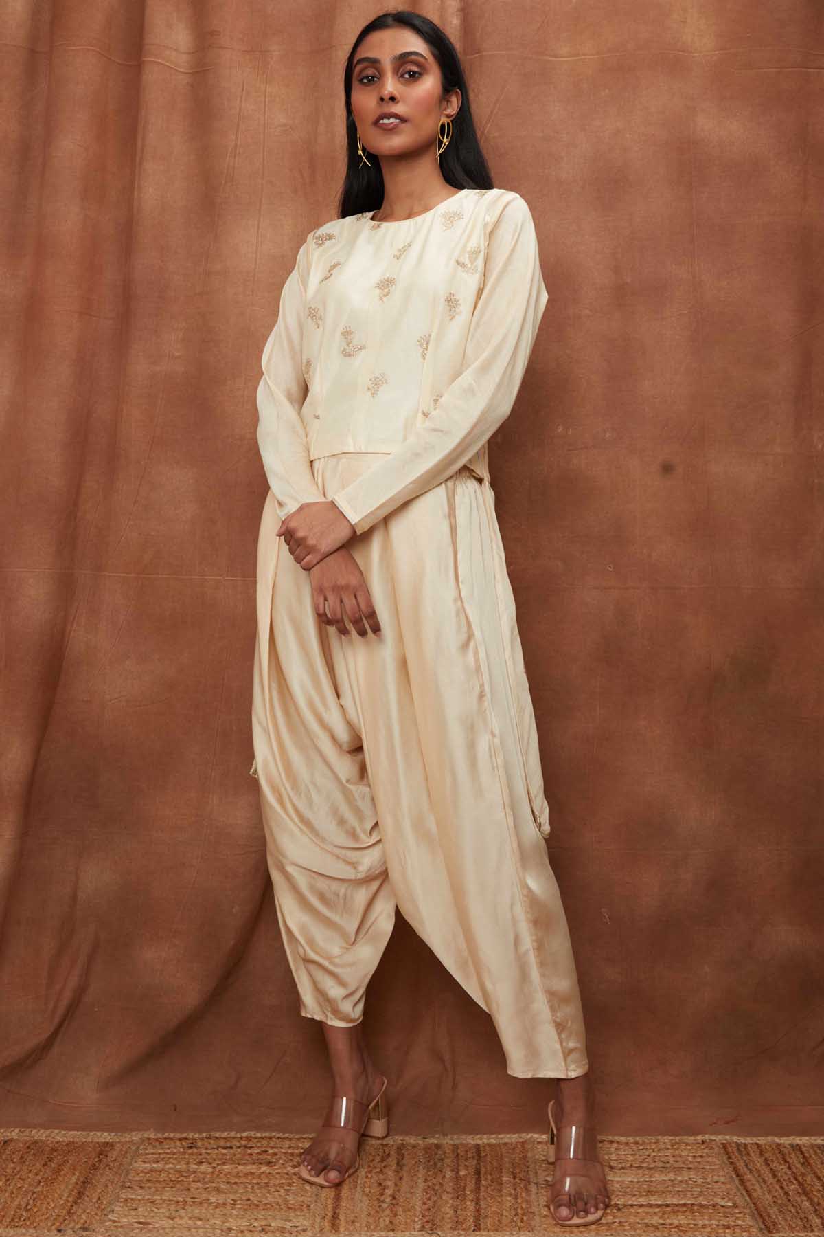 Buy Cream Silk Top & Draped Dhoti for Women Online